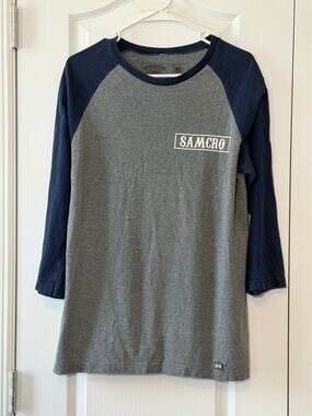 Metal Mulisha Sons of Anarchy Chibs Raglan Mens Size M-Gray Navy 3/4 Sleeve SOA